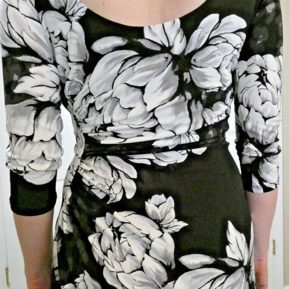 Dress Black White Floral Sheath Career Office Cocktail Party Date Night Size 2 - Picture 4 of 11